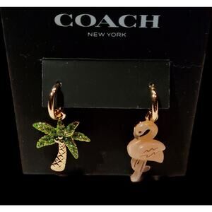 COACH TROPICAL MISMATCH EARRINGS, 1 PINK FLAMINGO & 1 PAVE PALM TREE
